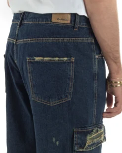 Jeans uomo cargo loose fit pantaloni tasconi rotture denim scuro sabbiato BlackSunday JS1191A