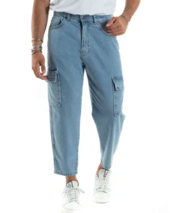 Jeans Uomo Cargo Straight Fit Pantaloni Tasconi Denim Chiaro BlackSunday-JS1041A