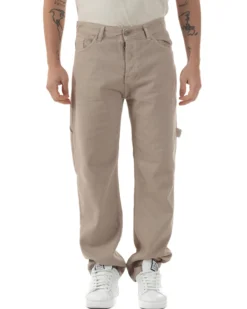 Jeans Uomo Carpenter Worker Pantaloni Baggy Cargo Comodo Fondo Largo Ampio Tinta Unita Beige GIOSAL-JS1088A