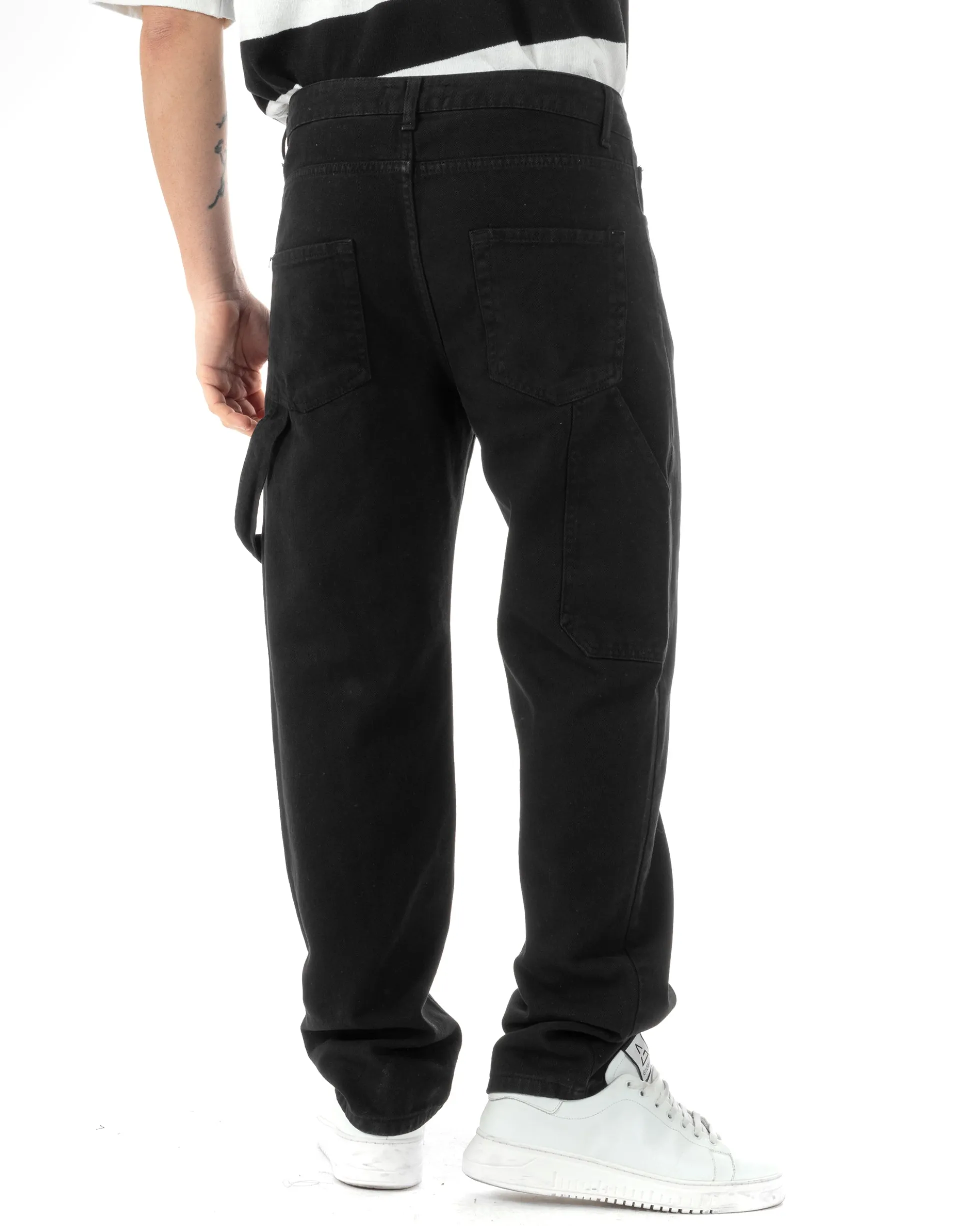 Jeans Uomo Carpenter Worker Pantaloni Baggy Cargo Comodo Fondo Largo Ampio Tinta Unita Nero GIOSAL-JS1089A