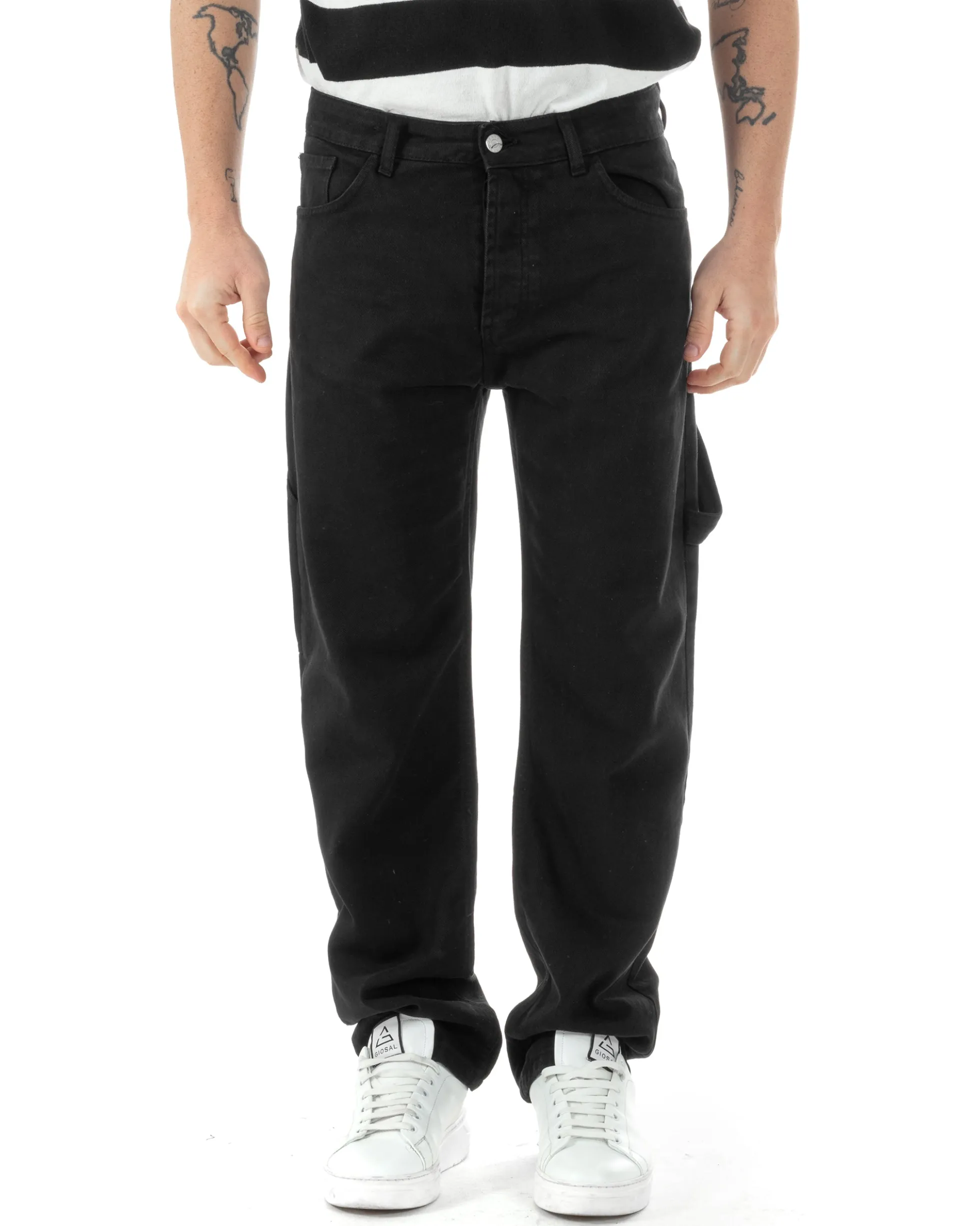 Jeans Uomo Carpenter Worker Pantaloni Baggy Cargo Comodo Fondo Largo Ampio Tinta Unita Nero GIOSAL-JS1089A