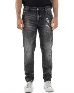 Jeans uomo cinque tasche slim fit sfumato rotture denim nero ICON IUD025