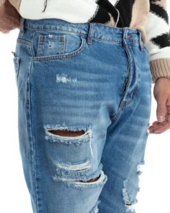 Jeans Uomo Con Rotture Stone Washed Pantaloni Cinque Tasche Cotone Casual Lavaggio Medio Denim GIOSAL-JS1058A