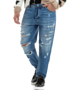 Jeans Uomo Con Rotture Stone Washed Pantaloni Cinque Tasche Cotone Casual Lavaggio Medio Denim GIOSAL-JS1058A