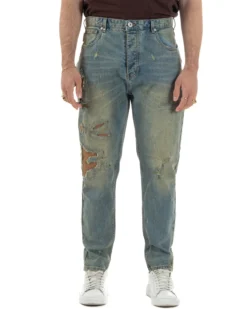 Jeans uomo cropped fit destroyed con toppe vintage sabbiato denim BERNA M-261279