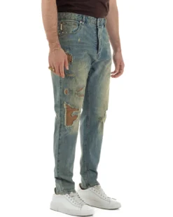 Jeans uomo cropped fit destroyed con toppe vintage sabbiato denim BERNA M-261279