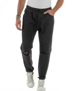 Jeans Uomo Jogger Taglio Ginocchio Basic Pantalaccio Loose Fit Denim Nero JS1132A