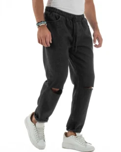 Jeans Uomo Jogger Taglio Ginocchio Basic Pantalaccio Loose Fit Denim Nero JS1132A