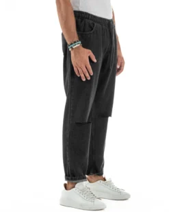 Jeans Uomo Jogger Taglio Ginocchio Basic Pantalaccio Loose Fit Denim Nero JS1132A