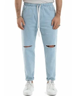 Jeans Uomo Jogger Taglio Ginocchio Basic Pantalaccio Loose Fit Denim Medio JS1112A