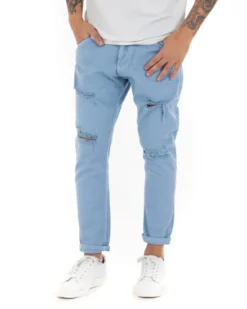 Jeans Uomo Loose Fit Pantaloni Con Rotture Casual Basic Azzurro P4089A