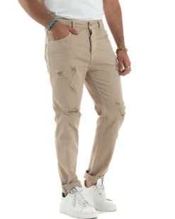 Jeans Uomo Loose Fit Pantaloni Con Rotture Casual Basic Beige JS1107A