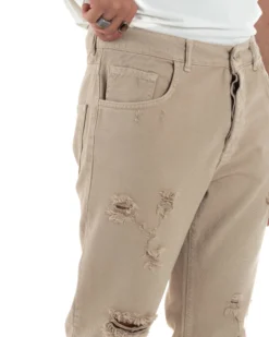 Jeans Uomo Loose Fit Pantaloni Con Rotture Casual Basic Beige JS1107A