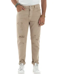 Jeans Uomo Loose Fit Pantaloni Con Rotture Casual Basic Beige JS1107A