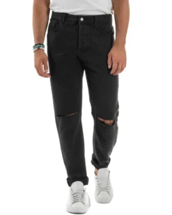 Jeans Uomo Loose Fit Pantaloni Taglio Ginocchio Casual Basic Nero JS1135A