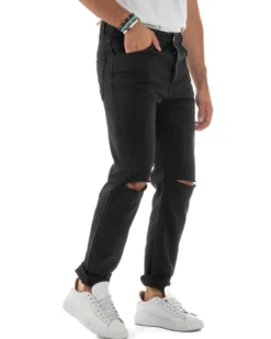 Jeans Uomo Loose Fit Pantaloni Taglio Ginocchio Casual Basic Nero JS1135A