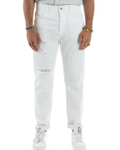 Jeans Uomo Loose Fit Pantaloni Con Rotture Casual Basic Bianco JS1108A