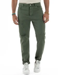 Jeans Uomo Loose Fit Pantaloni Con Rotture Casual Basic Verde JS1110A