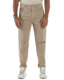 Jeans Uomo Loose Fit Pantaloni Taglio Ginocchio Casual Basic Beige JS1134A