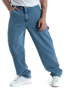 Jeans Uomo Pantaloni Baggy Carpenter Worker Cinque Tasche Comodo Basic Wide Fit Cargo Con Ricamo Denim Chiaro GIOSAL-P5991A