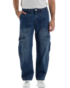Jeans Uomo Pantaloni Cargo Denim Scuro Baggy Fit JS1155A