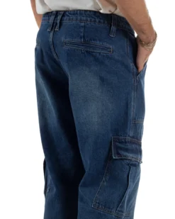 Jeans Uomo Pantaloni Cargo Denim Scuro Baggy Fit JS1155A