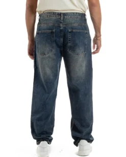 Jeans Uomo Pantaloni Denim Sfumato Sabbiato Blu Baggy Fit JS1158A