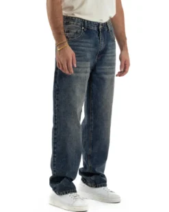 Jeans Uomo Pantaloni Denim Sfumato Sabbiato Blu Baggy Fit JS1158A