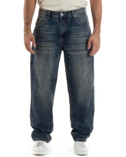 Jeans Uomo Pantaloni Denim Sfumato Sabbiato Blu Baggy Fit JS1158A