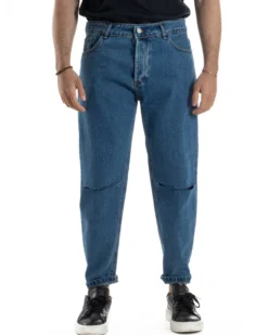Jeans Uomo Pantaloni Regular Fit Basic Taglio Al Ginocchio Denim Scuro JS1101A