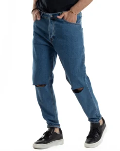 Jeans Uomo Pantaloni Regular Fit Basic Taglio Al Ginocchio Denim Scuro JS1101A