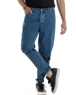 Jeans Uomo Pantaloni Regular Fit Basic Taglio Al Ginocchio Denim Scuro JS1101A