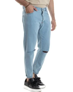 Jeans Uomo Pantaloni Regular Fit Basic Taglio Al Ginocchio Denim Medio JS1100A