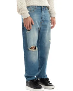 Jeans Uomo Sabbiato Pantaloni Denim Con Rotture Sfrangiato Baggy Stone Washed Casual GIOSAL-JS1060A