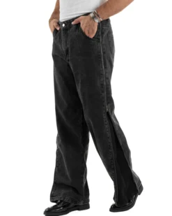 Jeans Uomo Wide Leg Zip Laterali Pantaloni Baggy Denim Nero JS1161A