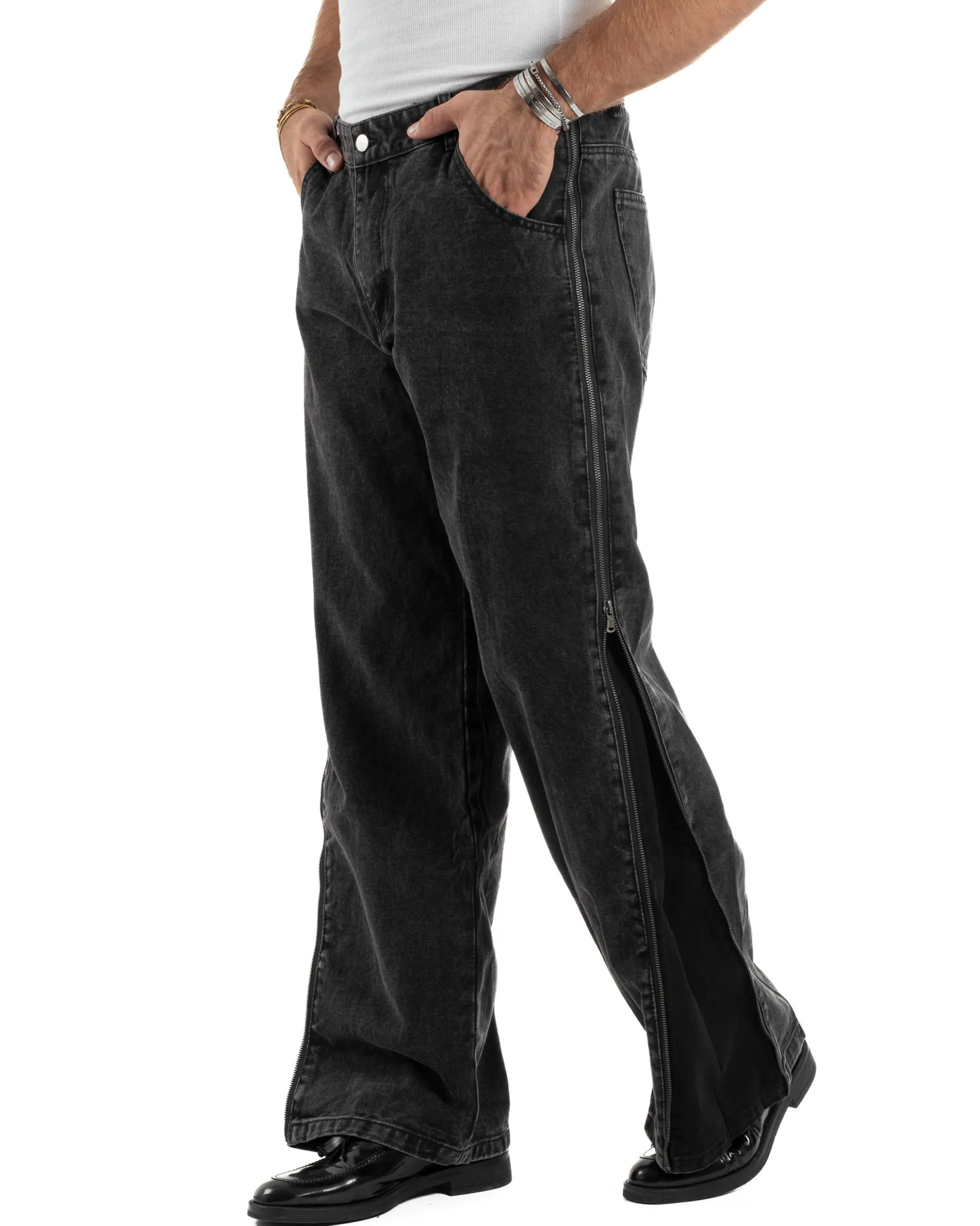 Jeans Uomo Wide Leg Zip Laterali Pantaloni Baggy Denim Nero JS1161A