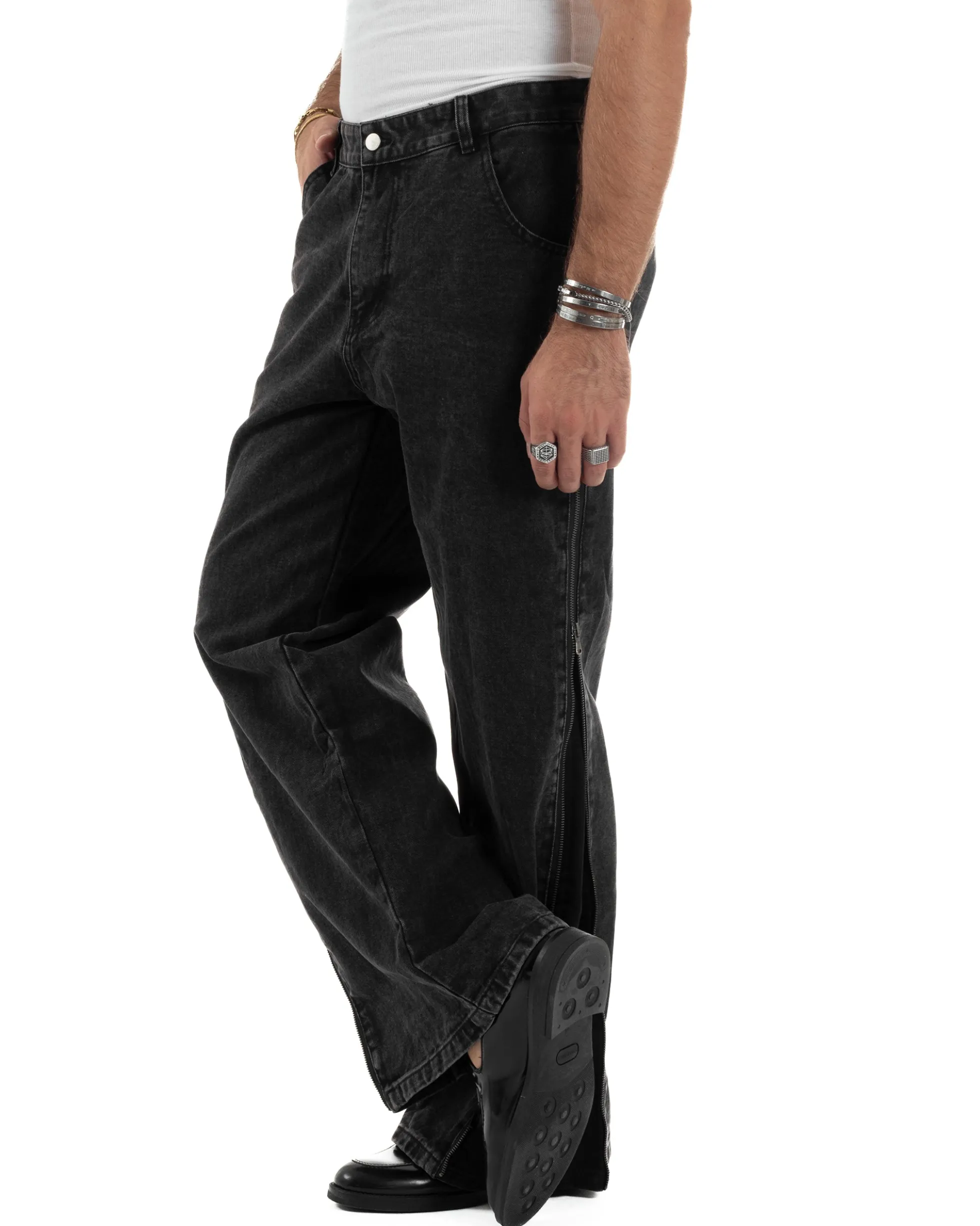 Jeans Uomo Wide Leg Zip Laterali Pantaloni Baggy Denim Nero JS1161A