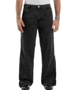 Jeans Uomo Wide Leg Zip Laterali Pantaloni Baggy Denim Nero JS1161A