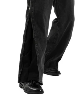 Jeans Uomo Wide Leg Zip Laterali Pantaloni Baggy Denim Nero JS1161A