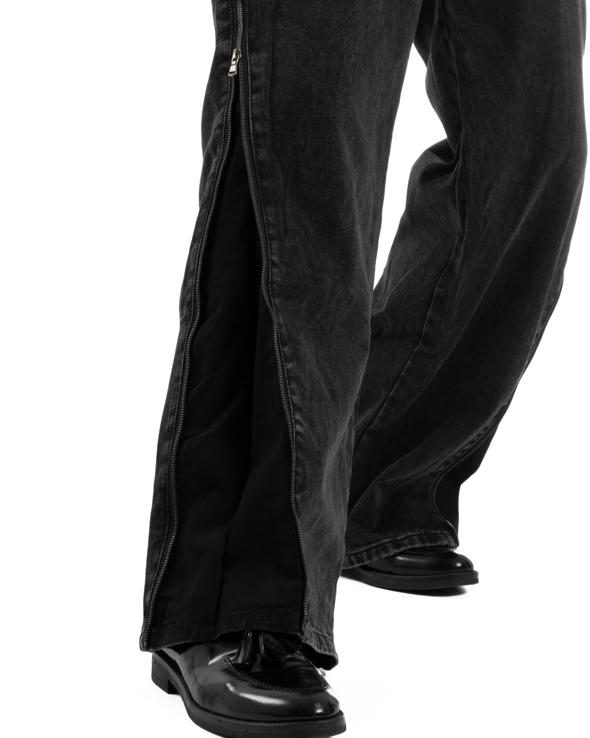 Jeans Uomo Wide Leg Zip Laterali Pantaloni Baggy Denim Nero JS1161A