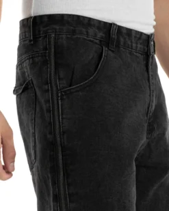 Jeans Uomo Wide Leg Zip Laterali Pantaloni Baggy Denim Nero JS1161A