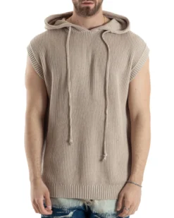 Maglia Gilet Uomo Maglioncino Con Cappuccio Smanicato Basic Casual Tinta Unita Beige GIOSAL-M2831A