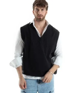 Maglia Gilet Uomo Maglioncino Scollo V Smanicato Basic Casual Tinta Unita Nero GIOSAL-M2827A
