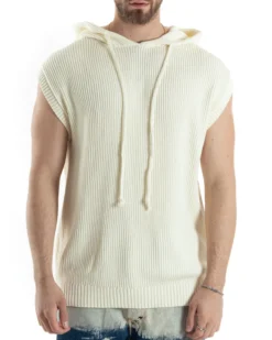 Maglia Gilet Uomo Maglioncino Con Cappuccio Smanicato Basic Casual Tinta Unita Bianco GIOSAL-M2830A