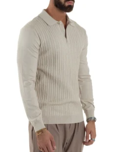 Maglia Uomo Colletto Polo Maglioncino Trecce Basic Beige M3037A