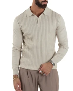 Maglia Uomo Colletto Polo Maglioncino Trecce Basic Beige M3037A