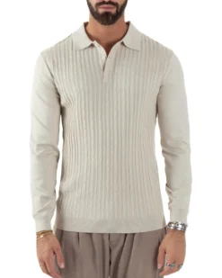Maglia Uomo Colletto Polo Maglioncino Trecce Basic Beige M3037A