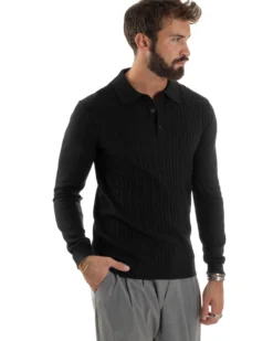 Maglia Uomo Colletto Polo Maglioncino Trecce Basic Nero M3038A