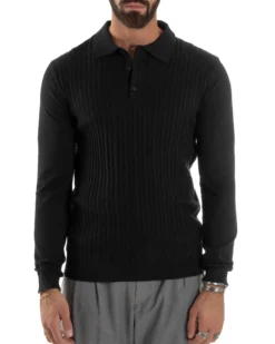 Maglia Uomo Colletto Polo Maglioncino Trecce Basic Nero M3038A