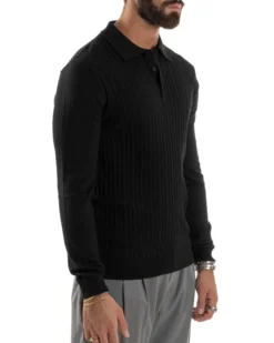 Maglia Uomo Colletto Polo Maglioncino Trecce Basic Nero M3038A